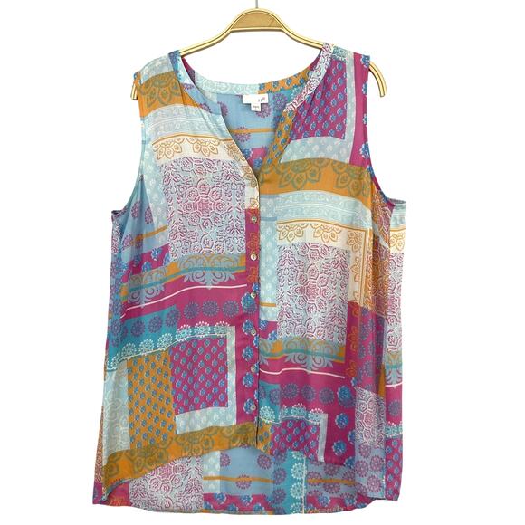 2/$30 J. Jill Boho Patchwork Button Up Sleeveless Tank Top Women L Pink Floral - Picture 1 of 11